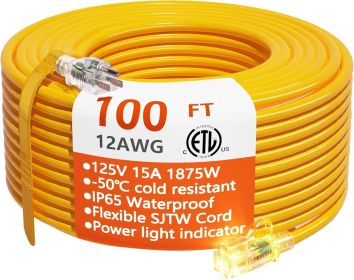 12/3 Gauge Heavy Duty Outdoor Extension Cord 100 Ft Waterproof Lighted End Flexible Cold-Resistant 3 Prong Electric Cord Outside