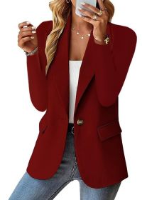 Polyester Autumn Long Sleeve Solid Color Cardigan Small Suit Jacket For Women (Option: Wine Red-XXL)