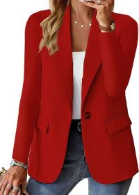 Polyester Autumn Long Sleeve Solid Color Cardigan Small Suit Jacket For Women (Option: Red-XXL)